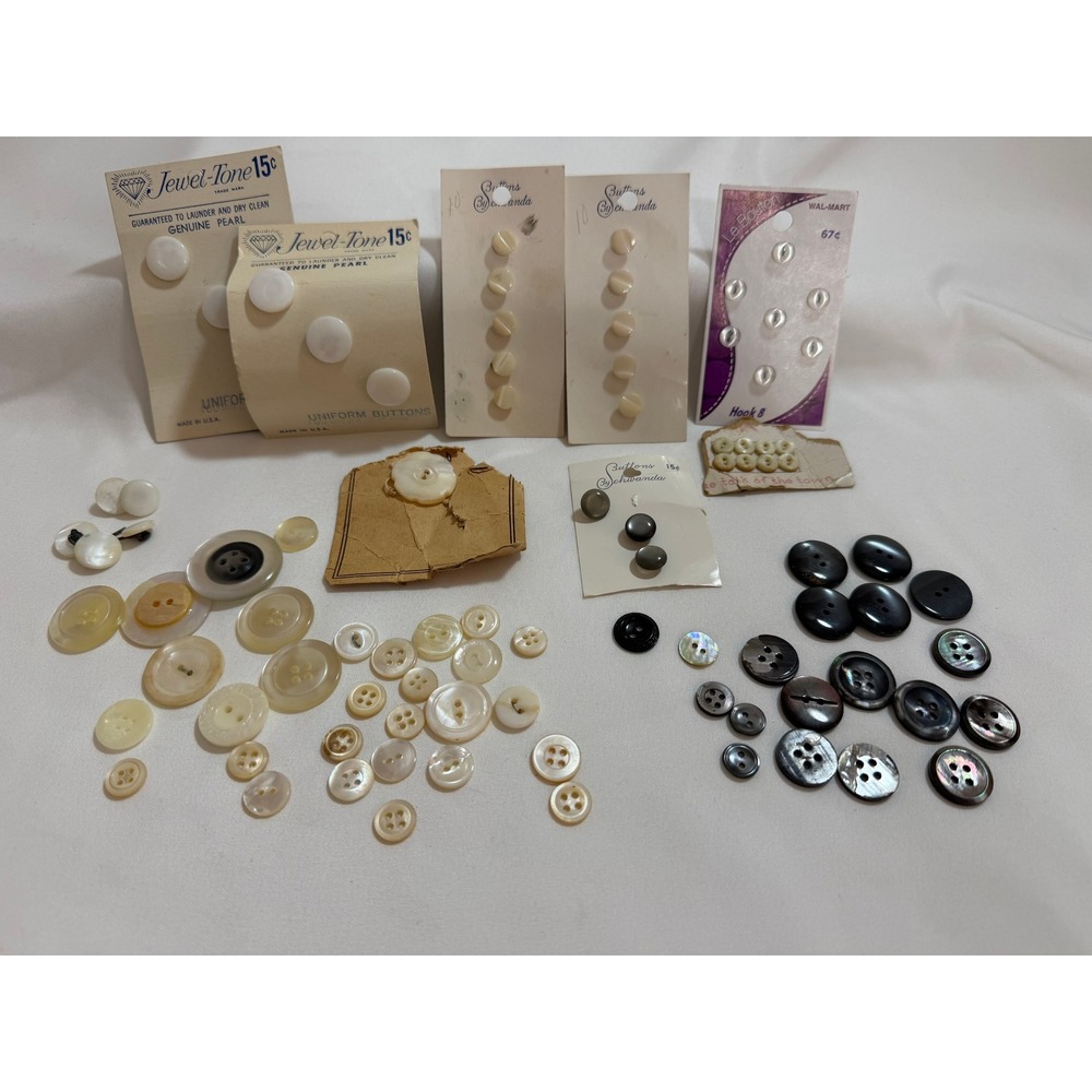 Vintage Jewel-Tone Mother of Pearl Button Lot Le Bouton White Black Craft Set